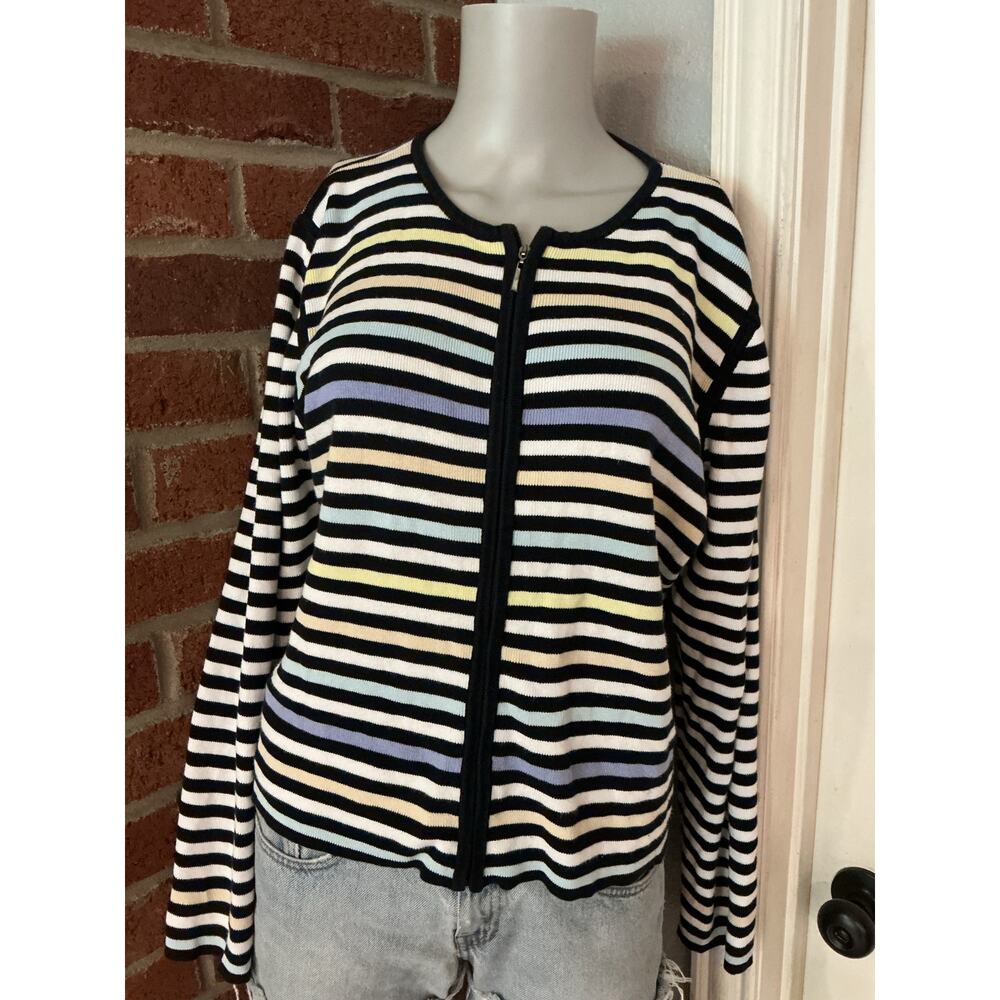 Liz Claiborne Petite Zip Cardigan Large Black White Striped Cotton Y2K Sweater